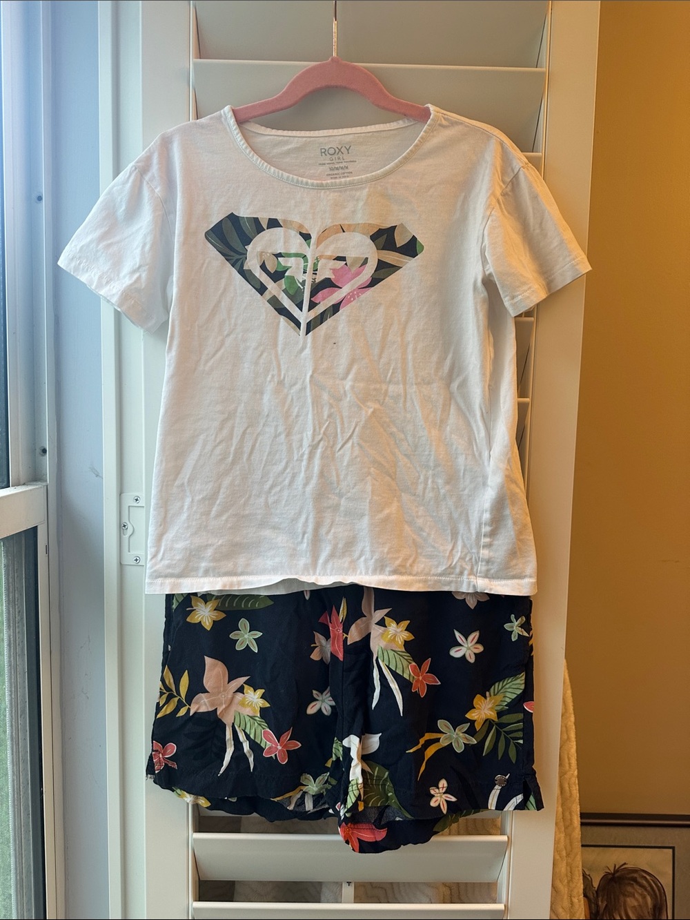 Roxy White Heart Logo Tee with Black Floral Shorts Pajama Set